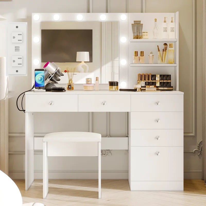 Flaxterate Makeup Vanity with Lighted Mirror Outlets and 6 Drawers