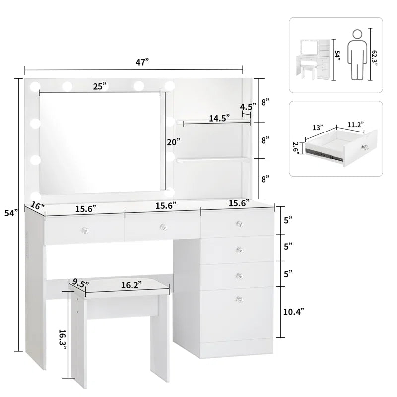 Flaxterate Makeup Vanity with Lighted Mirror Outlets and 6 Drawers