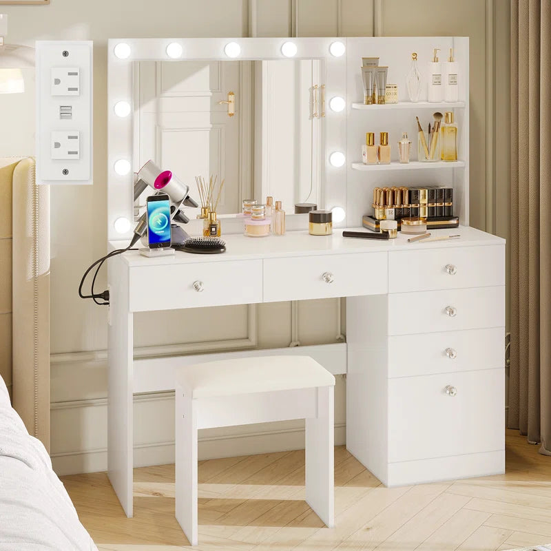 Flaxterate Makeup Vanity with Lighted Mirror Outlets and 6 Drawers