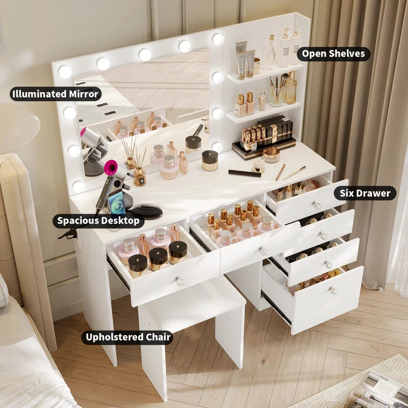 Flaxterate Makeup Vanity with Lighted Mirror Outlets and 6 Drawers