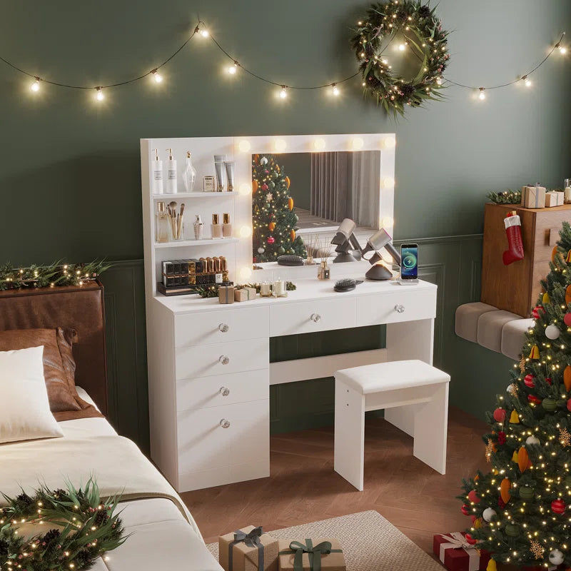 Flaxterate Makeup Vanity with Lighted Mirror Outlets and 6 Drawers