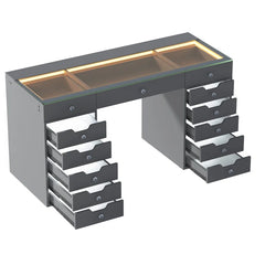 Garloon Sophisticated Gray Vanity Table with Illuminated Glass Top and Multiple Storage Drawers