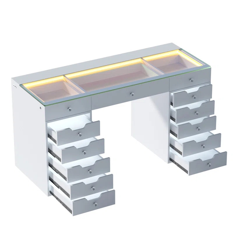 Garloon Sophisticated Gray Vanity Table with Illuminated Glass Top and Multiple Storage Drawers