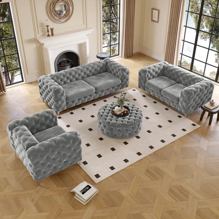 Ringwoodz 4 - Piece Tufted Velvet Living Room Set with Chesterfield Chair & Ottoman & Loveseat & Sofa and Chrome Legs Luxury Sofa Set