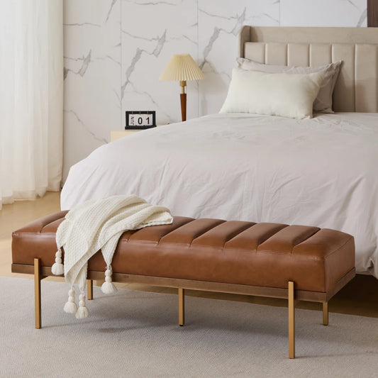 Glexico Modern Channel Tufted Bench With Gold Base