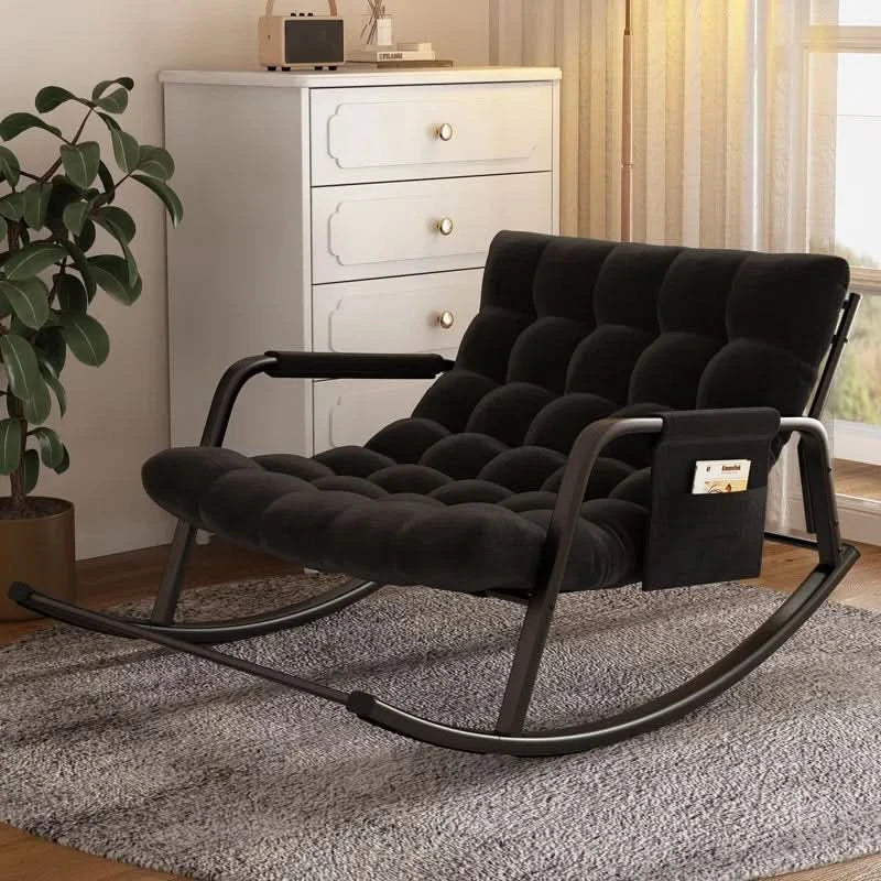 Kelayy Modern Black Tufted Rocking Chair with Metal Frame and Storage ...