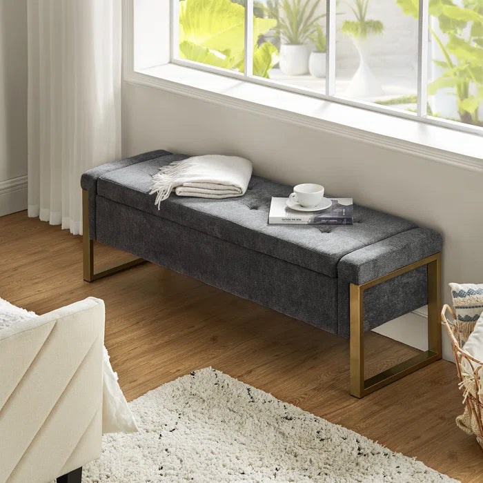 Dijrect Mid-Century Upholstered Storage Bench with Flip Top Button-Tufted Seat and Sleek Metal Legs
