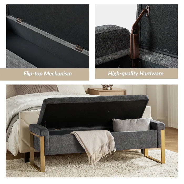 Dijrect Mid-Century Upholstered Storage Bench with Flip Top Button-Tufted Seat and Sleek Metal Legs