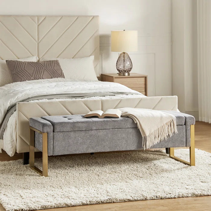 Dijrect Mid-Century Upholstered Storage Bench with Flip Top Button-Tufted Seat and Sleek Metal Legs