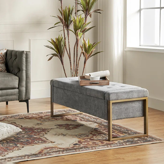 Dijrect Mid-Century Upholstered Storage Bench with Flip Top Button-Tufted Seat and Sleek Metal Legs