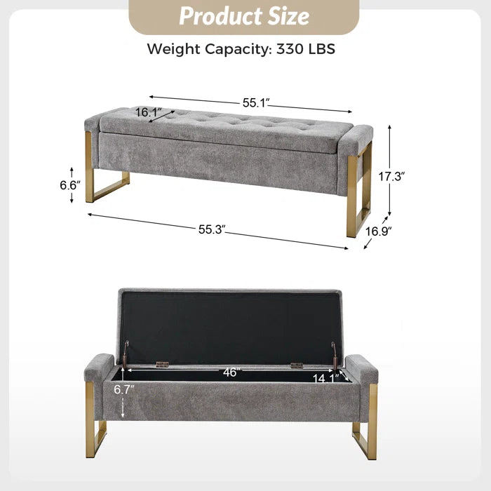 Dijrect Mid-Century Upholstered Storage Bench with Flip Top Button-Tufted Seat and Sleek Metal Legs