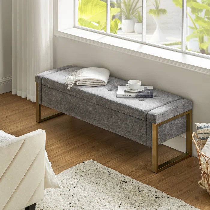 Dijrect Mid-Century Upholstered Storage Bench with Flip Top Button-Tufted Seat and Sleek Metal Legs