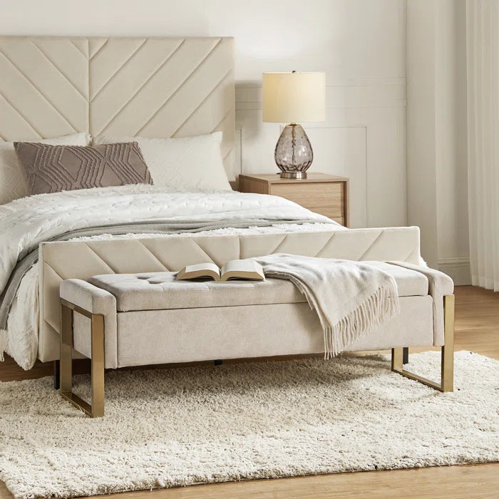 Dijrect Mid-Century Upholstered Storage Bench with Flip Top Button-Tufted Seat and Sleek Metal Legs