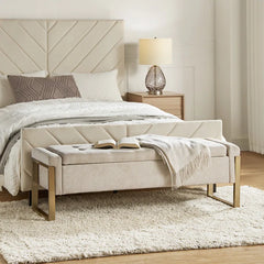 Dijrect Mid-Century Upholstered Storage Bench with Flip Top Button-Tufted Seat and Sleek Metal Legs