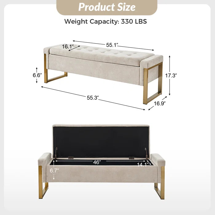 Dijrect Mid-Century Upholstered Storage Bench with Flip Top Button-Tufted Seat and Sleek Metal Legs