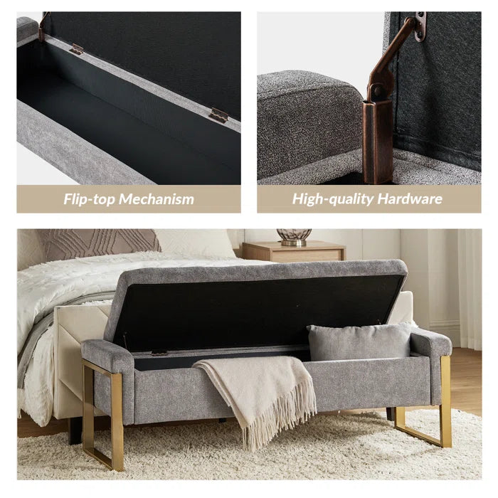 Dijrect Mid-Century Upholstered Storage Bench with Flip Top Button-Tufted Seat and Sleek Metal Legs