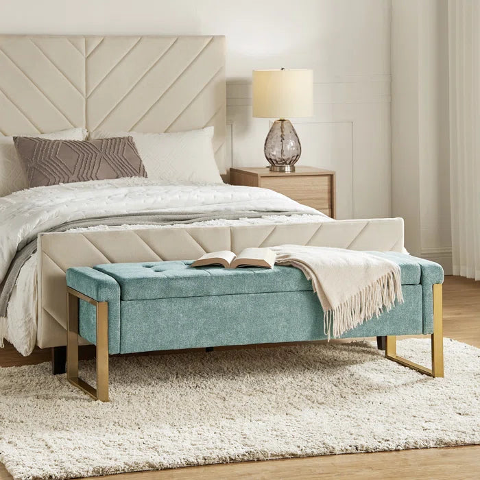 Dijrect Mid-Century Upholstered Storage Bench with Flip Top Button-Tufted Seat and Sleek Metal Legs