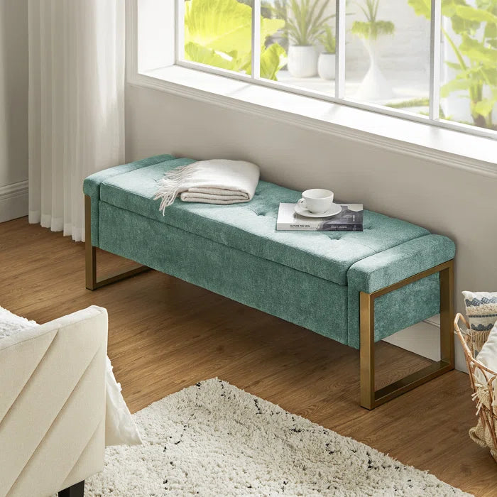 Dijrect Mid-Century Upholstered Storage Bench with Flip Top Button-Tufted Seat and Sleek Metal Legs