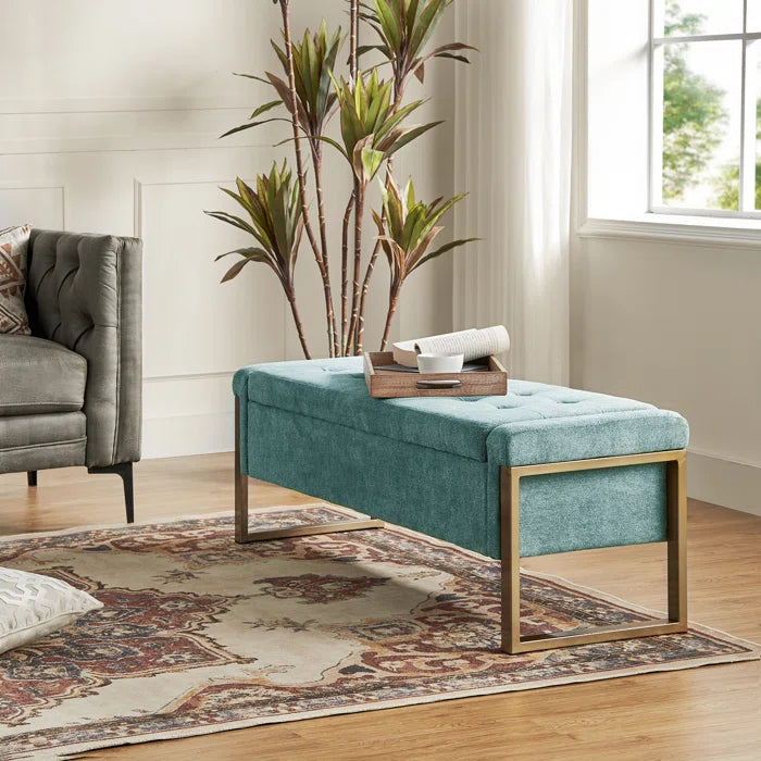 Dijrect Mid-Century Upholstered Storage Bench with Flip Top Button-Tufted Seat and Sleek Metal Legs