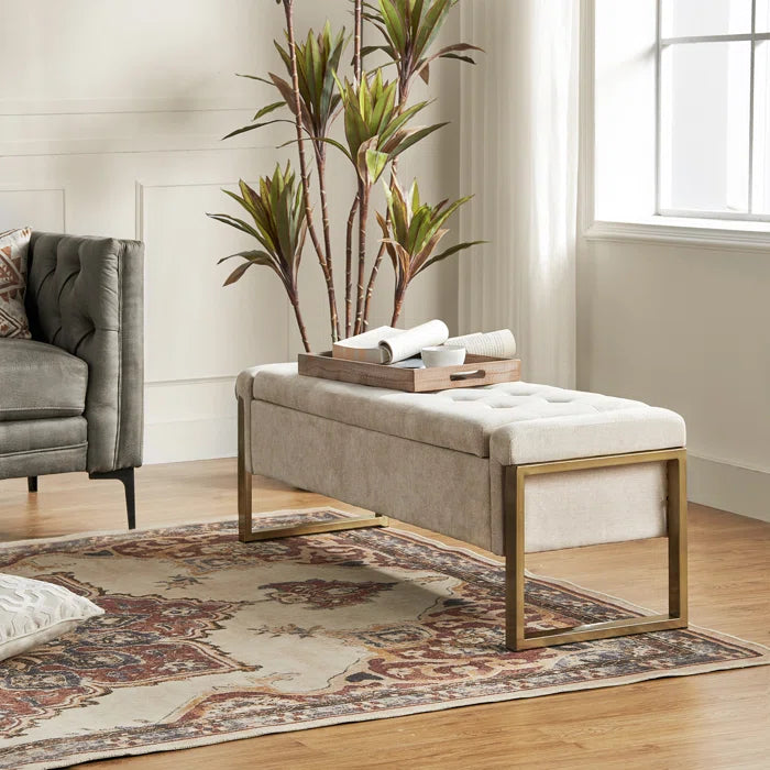 Dijrect Mid-Century Upholstered Storage Bench with Flip Top Button-Tufted Seat and Sleek Metal Legs