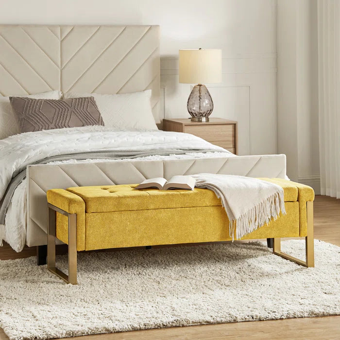 Dijrect Mid-Century Upholstered Storage Bench with Flip Top Button-Tufted Seat and Sleek Metal Legs