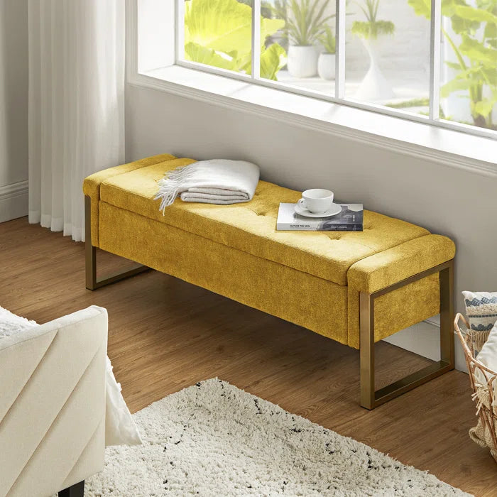 Dijrect Mid-Century Upholstered Storage Bench with Flip Top Button-Tufted Seat and Sleek Metal Legs
