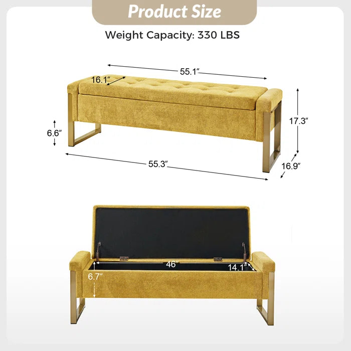 Dijrect Mid-Century Upholstered Storage Bench with Flip Top Button-Tufted Seat and Sleek Metal Legs