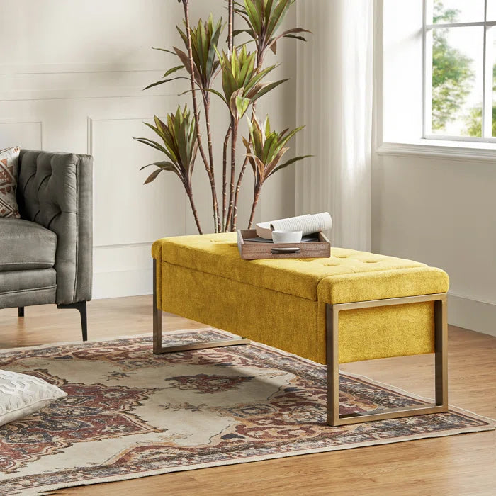 Dijrect Mid-Century Upholstered Storage Bench with Flip Top Button-Tufted Seat and Sleek Metal Legs