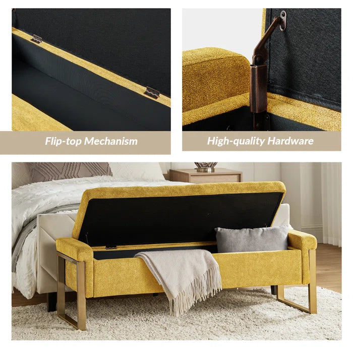Dijrect Mid-Century Upholstered Storage Bench with Flip Top Button-Tufted Seat and Sleek Metal Legs