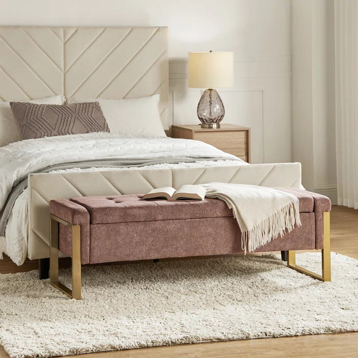 Dijrect Mid-Century Upholstered Storage Bench with Flip Top Button-Tufted Seat and Sleek Metal Legs