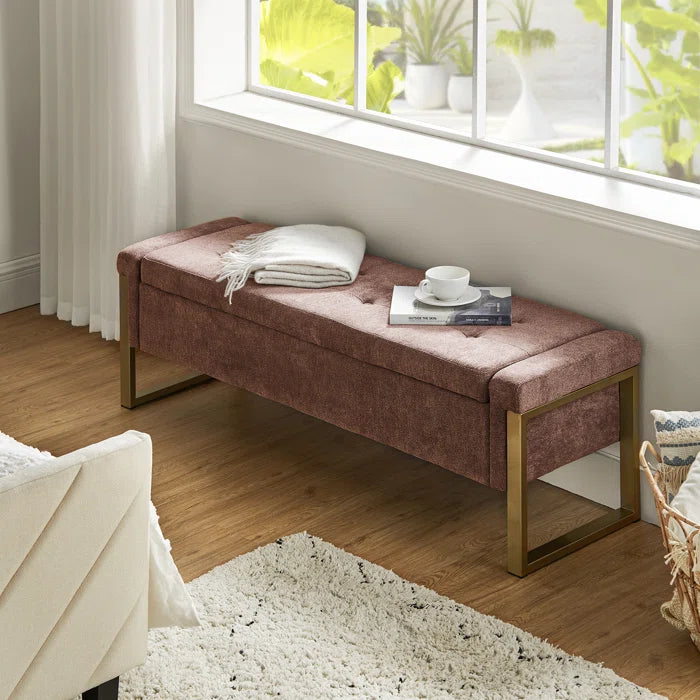 Dijrect Mid-Century Upholstered Storage Bench with Flip Top Button-Tufted Seat and Sleek Metal Legs