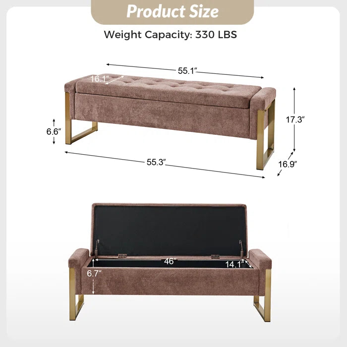 Dijrect Mid-Century Upholstered Storage Bench with Flip Top Button-Tufted Seat and Sleek Metal Legs