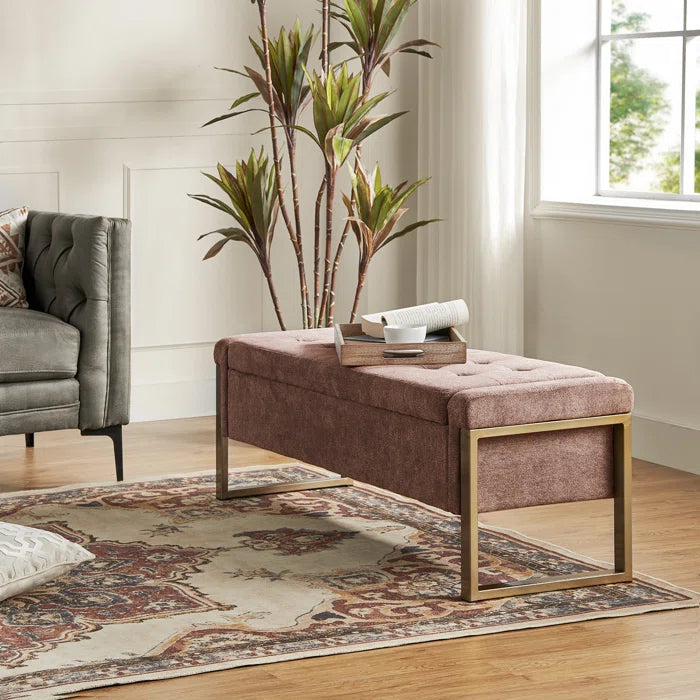 Dijrect Mid-Century Upholstered Storage Bench with Flip Top Button-Tufted Seat and Sleek Metal Legs