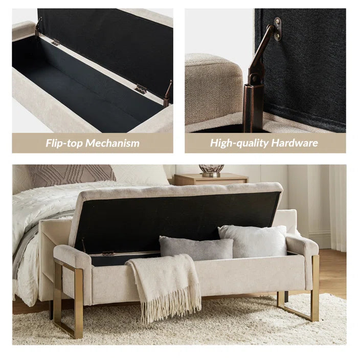 Dijrect Mid-Century Upholstered Storage Bench with Flip Top Button-Tufted Seat and Sleek Metal Legs