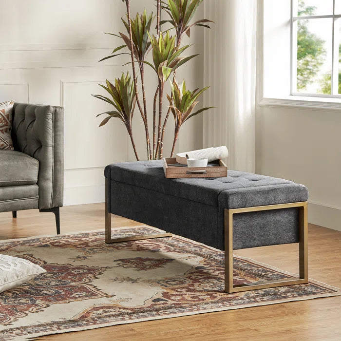 Dijrect Mid-Century Upholstered Storage Bench with Flip Top Button-Tufted Seat and Sleek Metal Legs
