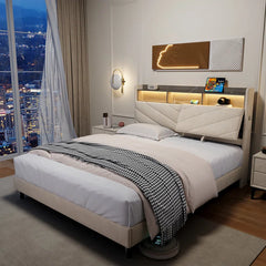 Salusver Upholstered Storage Bed With Headboard Charging Station And LED Lights