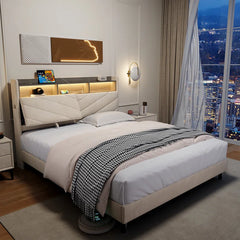 Salusver Upholstered Storage Bed With Headboard Charging Station And LED Lights