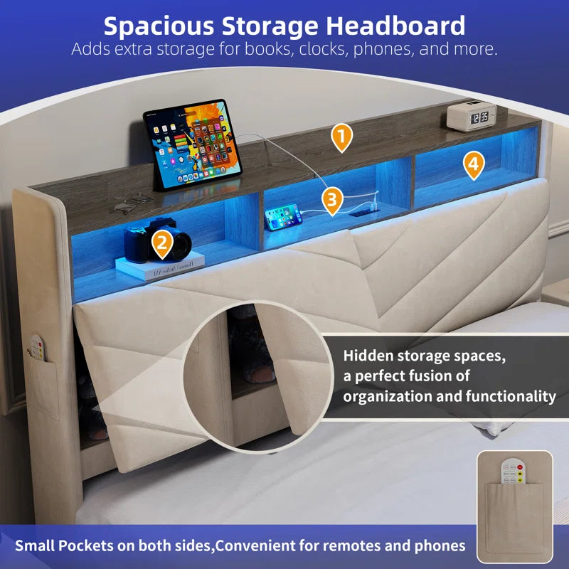 Salusver Upholstered Storage Bed With Headboard Charging Station And LED Lights