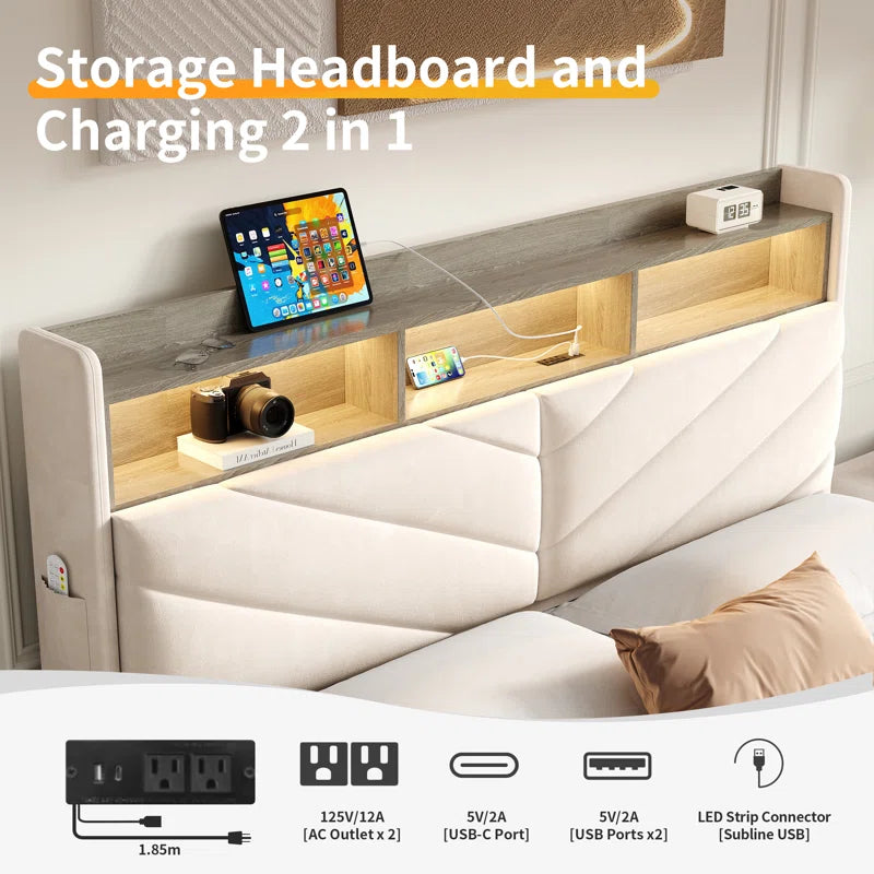 Salusver Upholstered Storage Bed With Headboard Charging Station And LED Lights