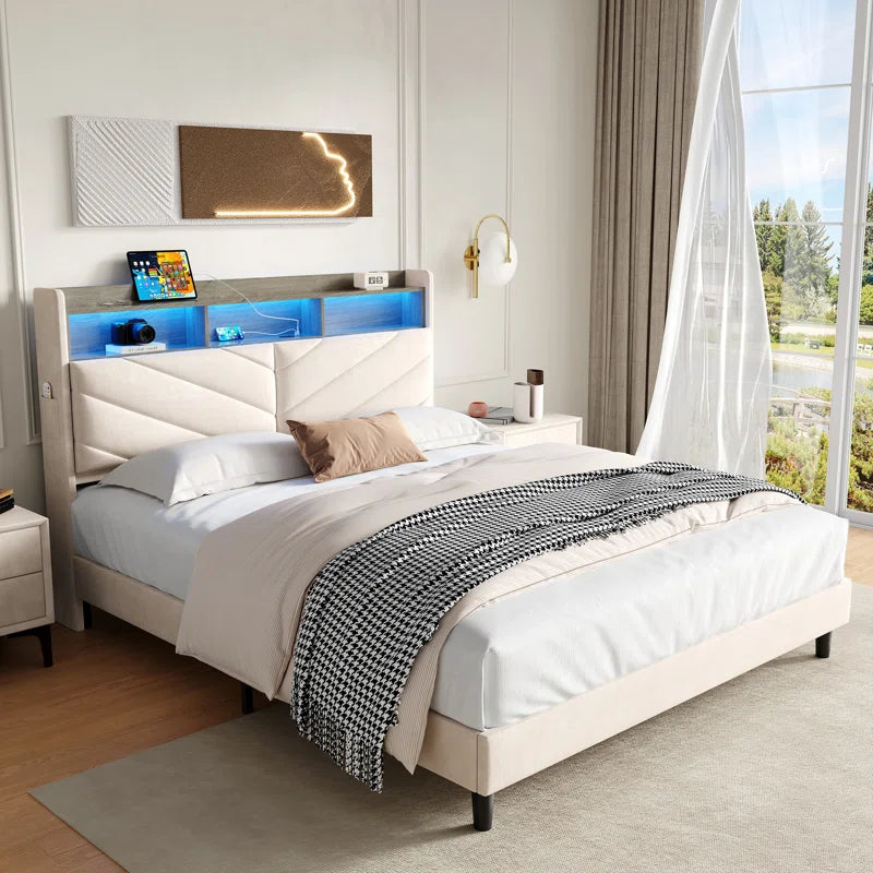 Salusver Upholstered Storage Bed With Headboard Charging Station And LED Lights