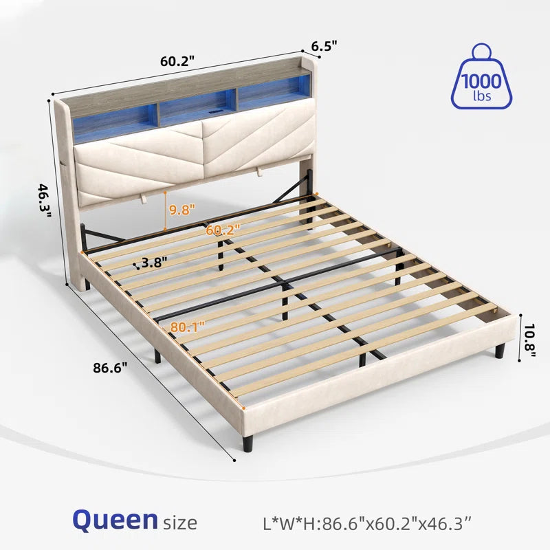 Salusver Upholstered Storage Bed With Headboard Charging Station And LED Lights