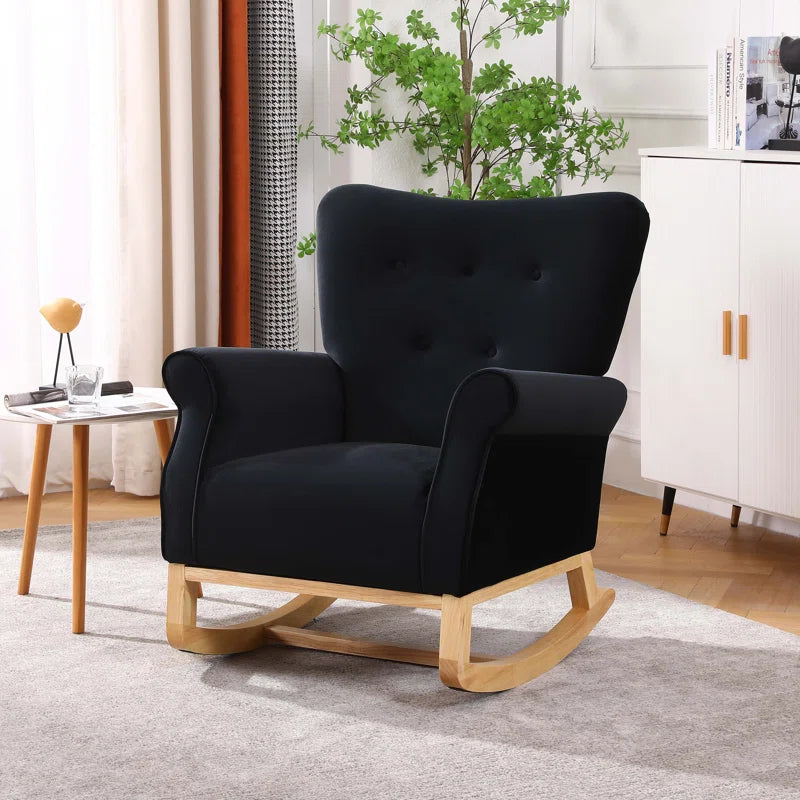 Lemnoor Elegant Upholstered Rocking Chair with Wooden Base and Button-Tufted Backrest