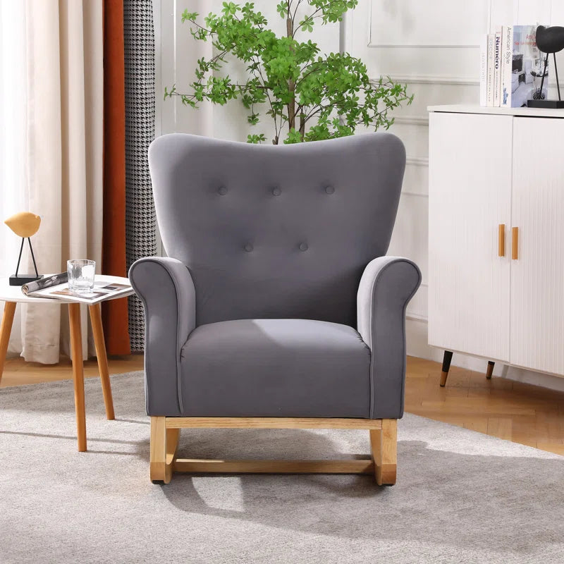 Lemnoor Elegant Upholstered Rocking Chair with Wooden Base and Button-Tufted Backrest