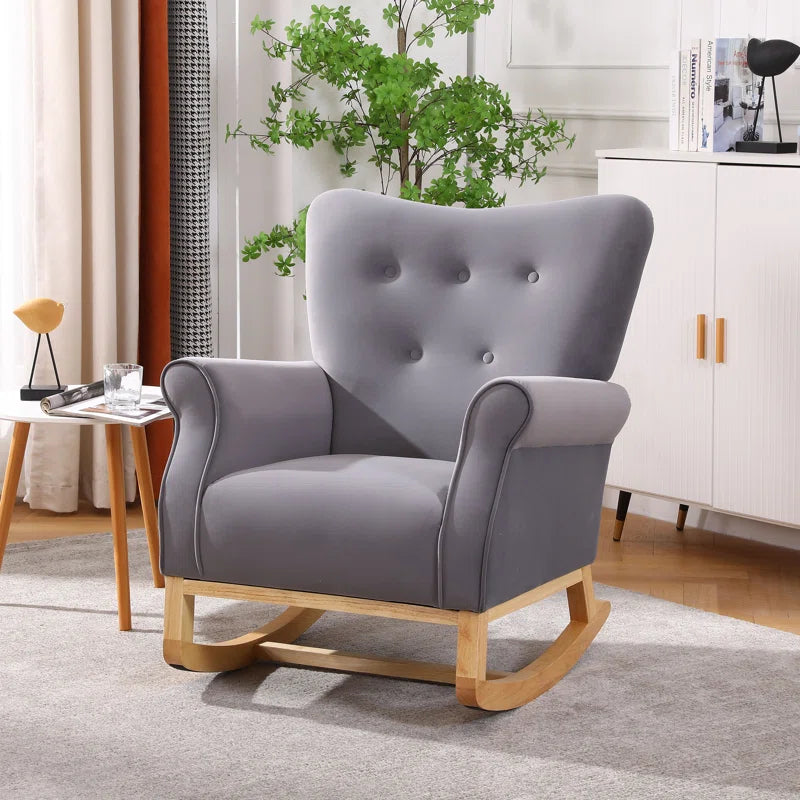 Lemnoor Elegant Upholstered Rocking Chair with Wooden Base and Button-Tufted Backrest