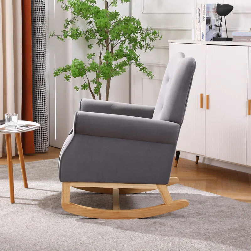 Lemnoor Elegant Upholstered Rocking Chair with Wooden Base and Button-Tufted Backrest