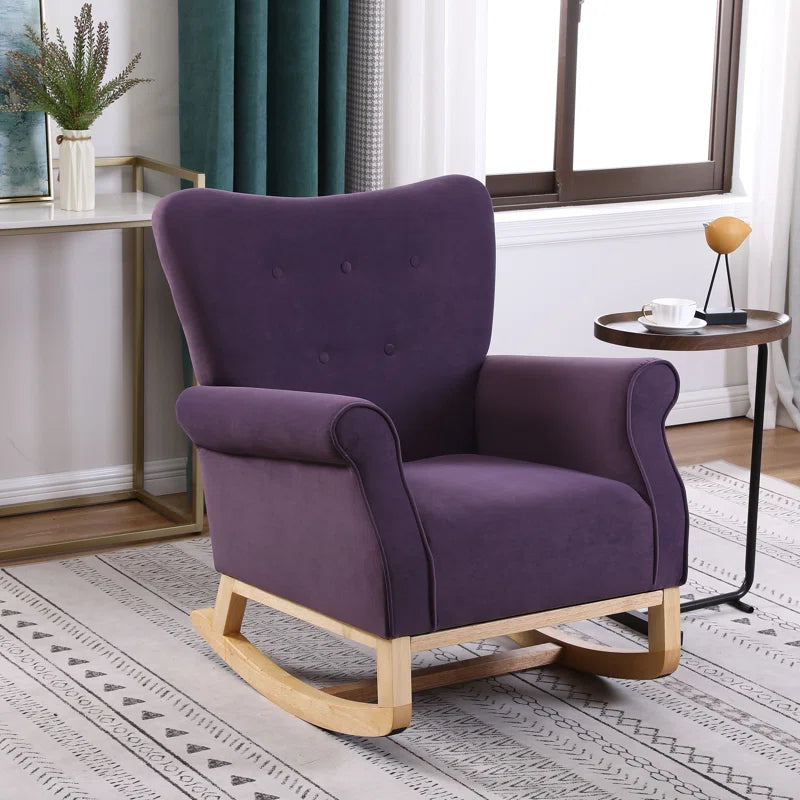 Lemnoor Elegant Upholstered Rocking Chair with Wooden Base and Button-Tufted Backrest