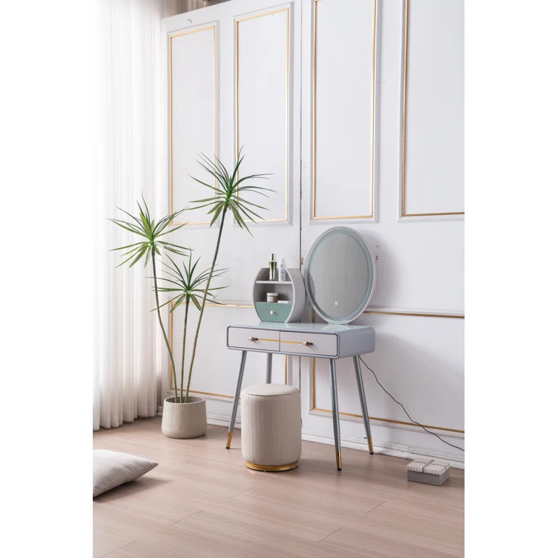 Sidestar Simple Italian Dressing Table With Stool And Mirror - Wooden Bazar