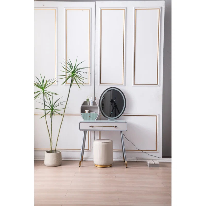 Halsukon Simple Italian Dressing Table With Stool And Mirror - Wooden Bazar