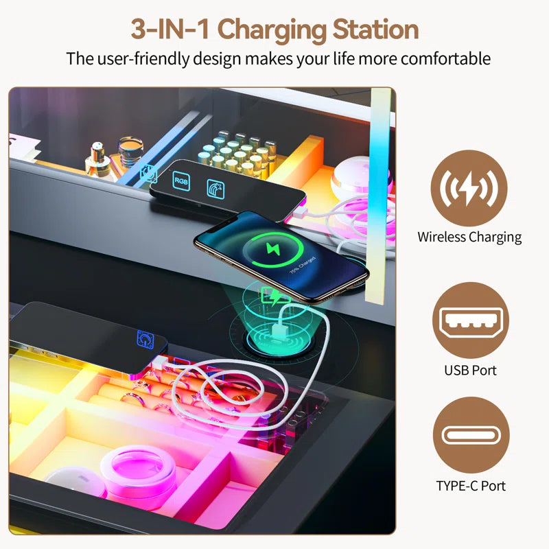 Hartoon Smart Led Makeup Vanity Table With Rgb Lights & Wireless Charging