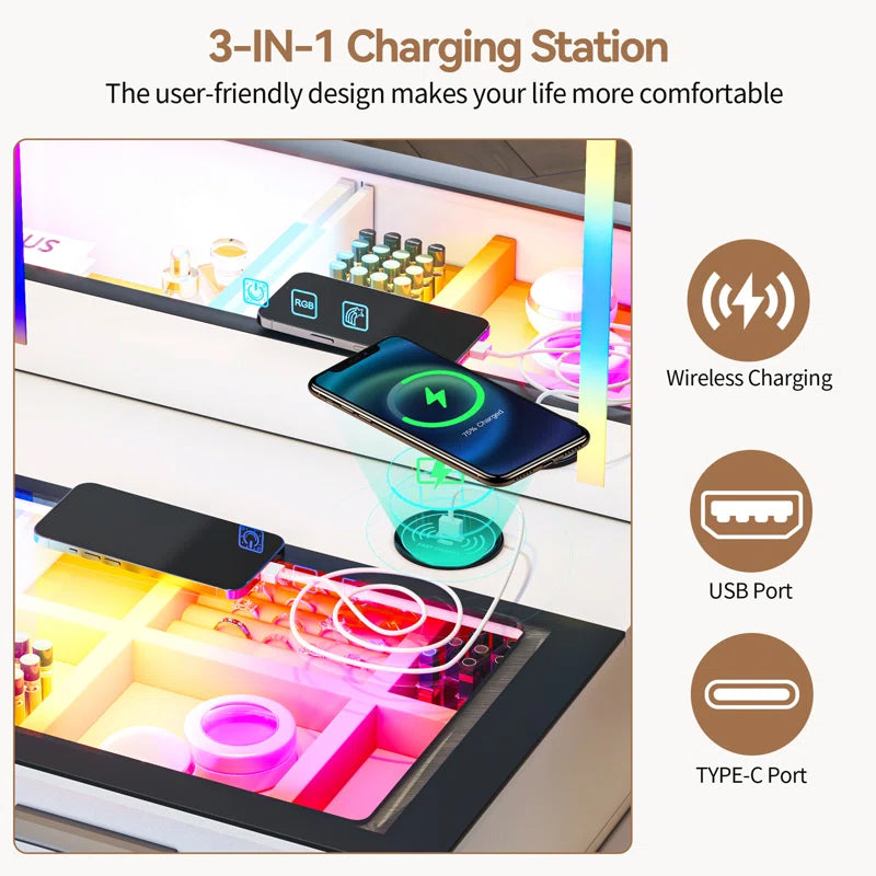 Hartoon Smart Led Makeup Vanity Table With Rgb Lights & Wireless Charging